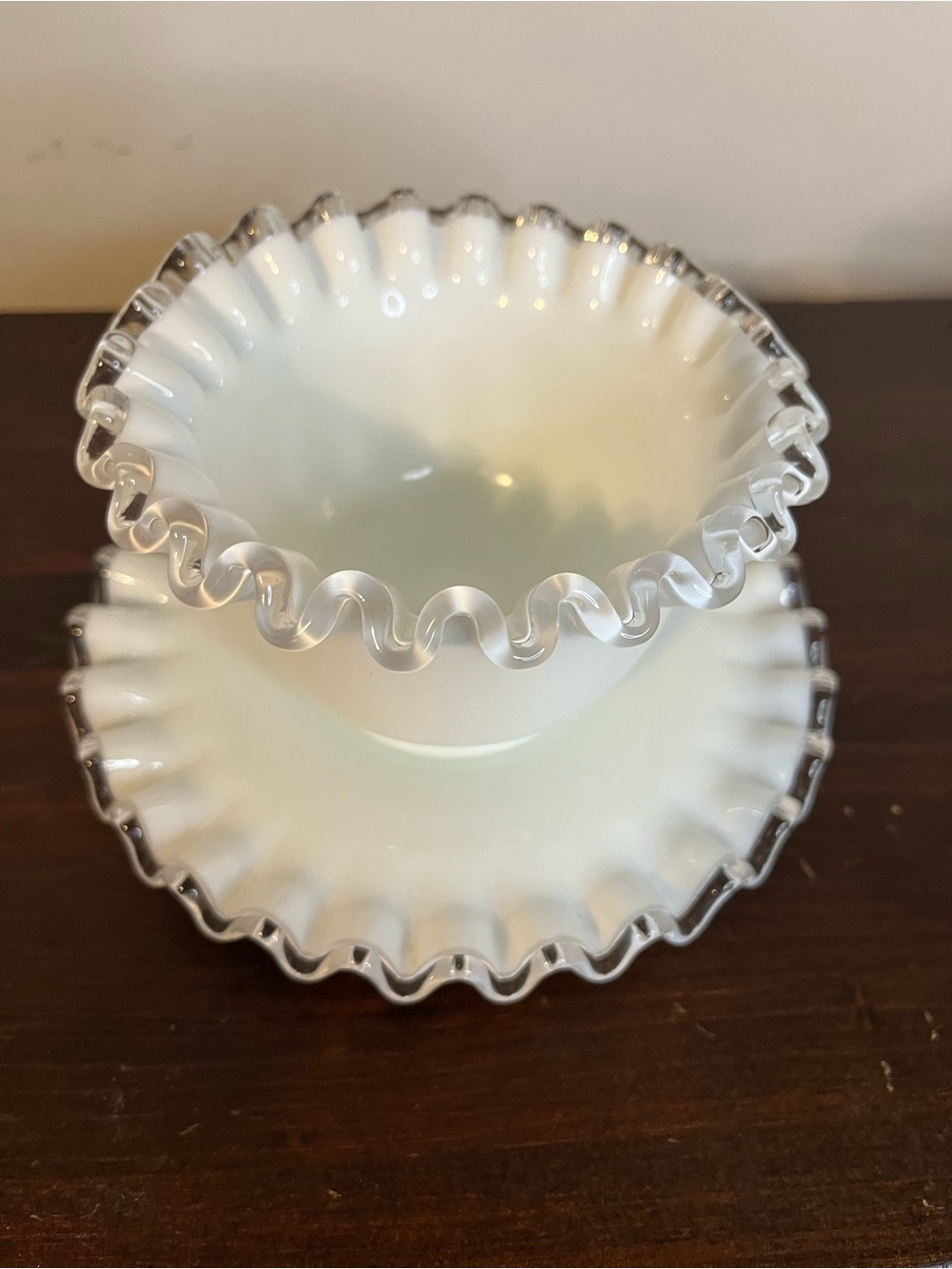 Vintage Fenton Silver Crest ruffled milk glass mayonnaise set bowl & dish - Picture 2 of 9